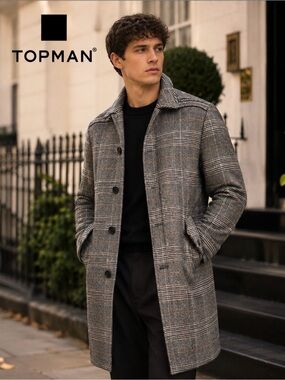 TOPMAN Wool Blend Plaid Overcoat w/ Leather Trim – Size Small